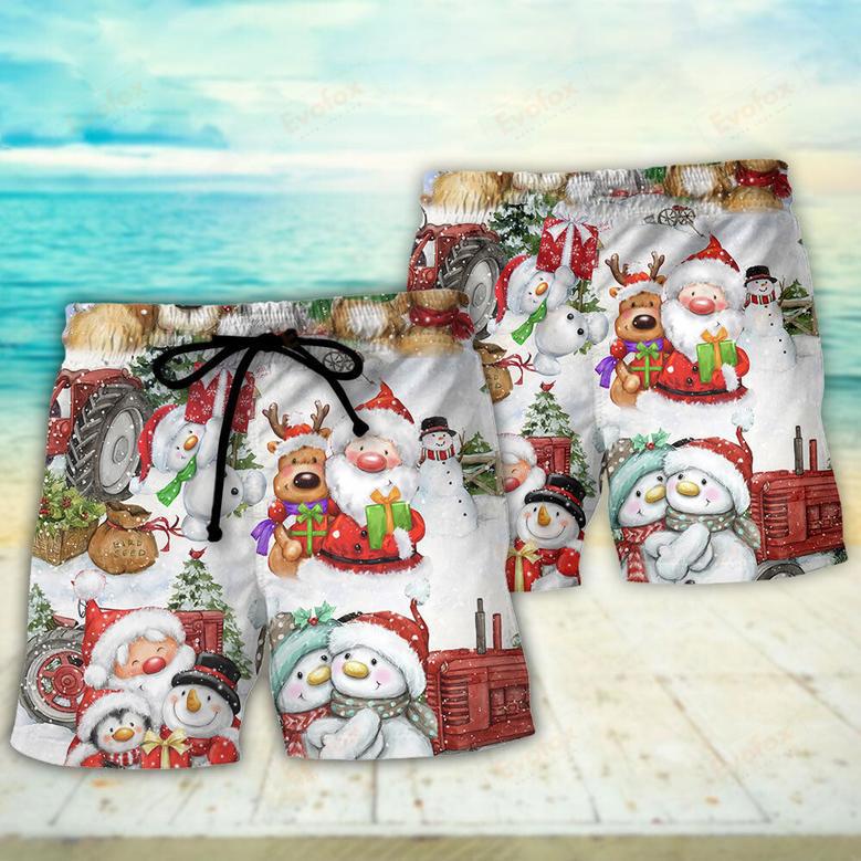 Christmas Santa And Snowman Christmas Happy Together Beach Short