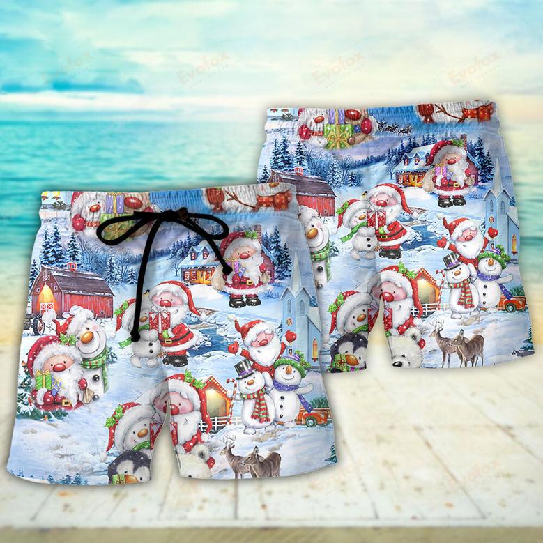 Christmas Santa And Snowman Christmas Holiday Beach Short