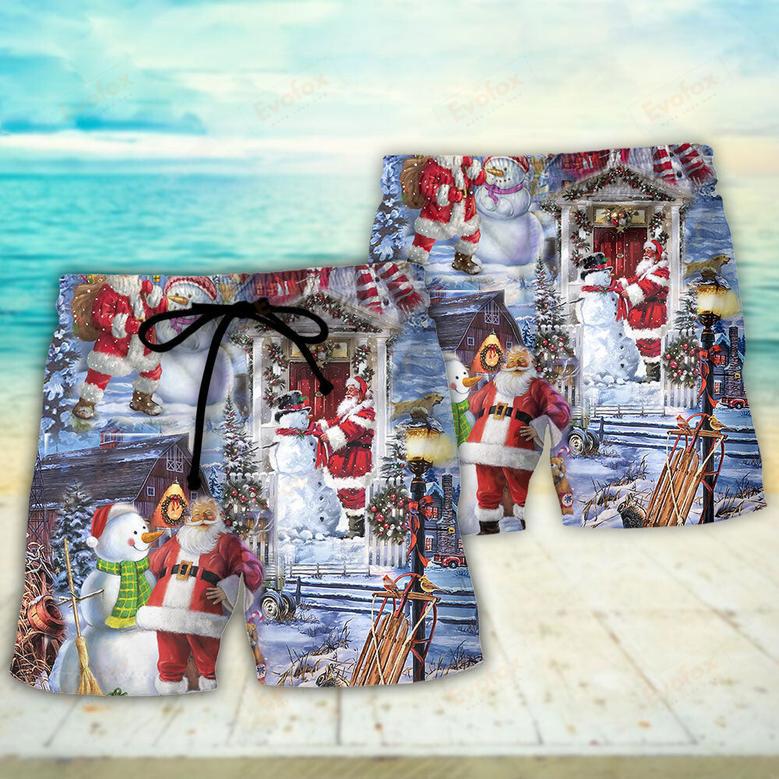 Christmas Santa And Snowman Happy Holiday Christmas Beach Short