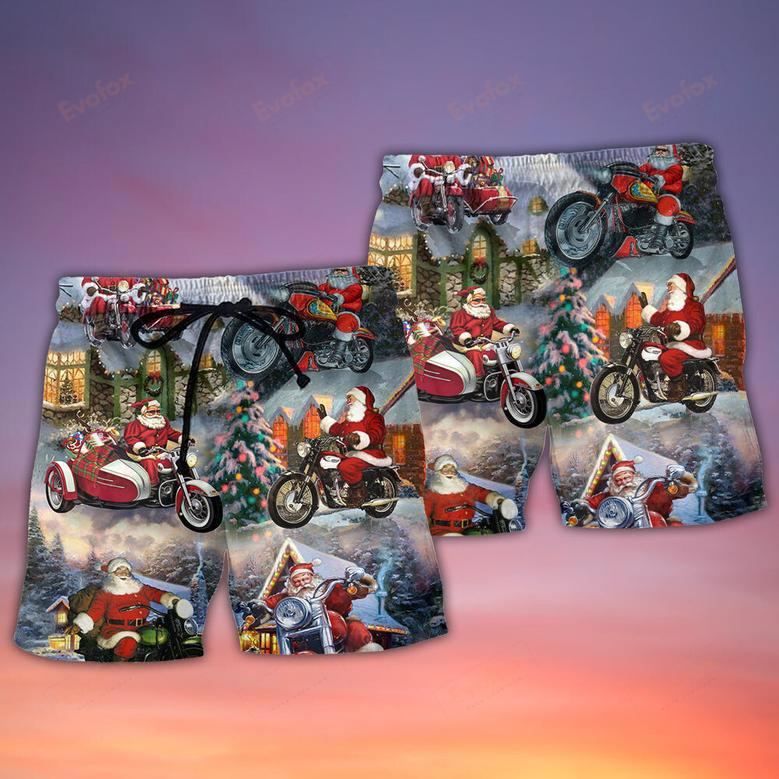 Christmas Santa Claus Driving Motorcycle Bike Gift Light Art Style Beach Short