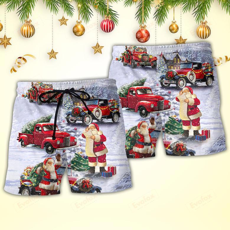 Christmas Santa Claus Funny Red Truck Gift For Xmas Painting Style Beach Short