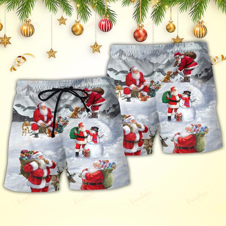 Christmas Santa Claus In The Snow Mountain Art Style Beach Short