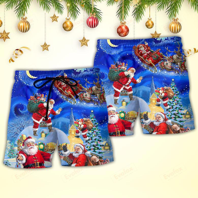 Christmas Santa Claus In The Town Magic Night Art Style Beach Short