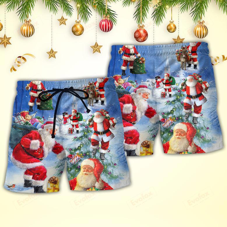 Christmas Santa Claus Is Coming Story Night Art Style Beach Short