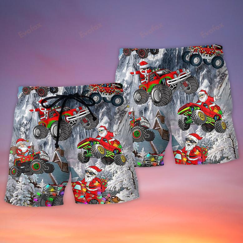 Christmas Santa Claus Riding Red Truck Snow Mountain Art Style Beach Short