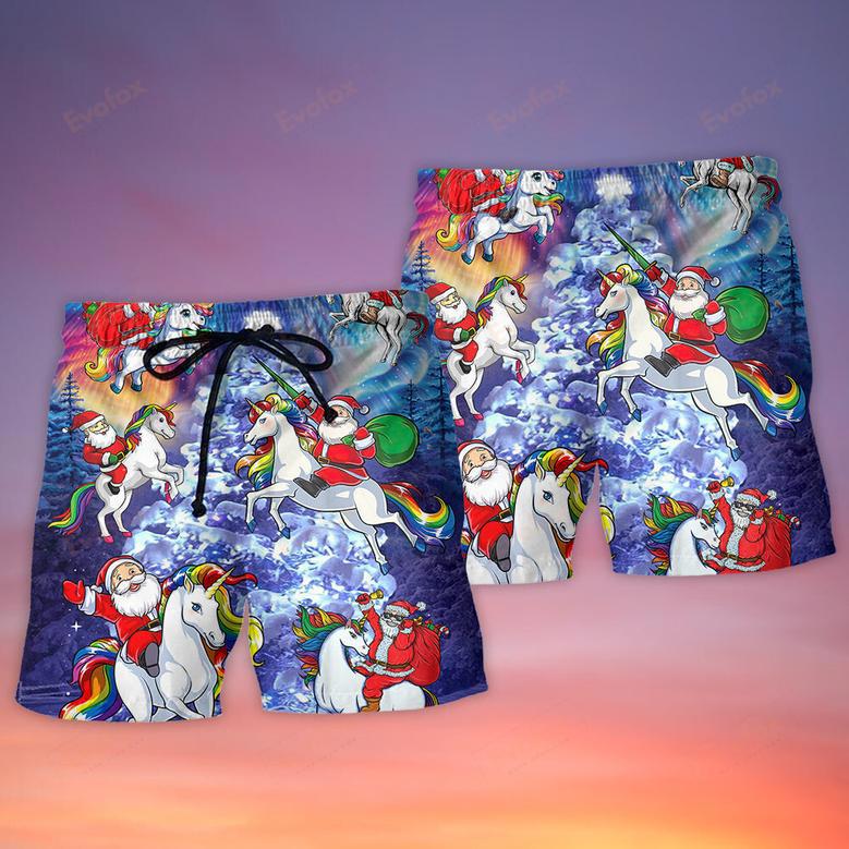 Christmas Santa Claus Riding Unicorn Snow Mountain Art Style Beach Short