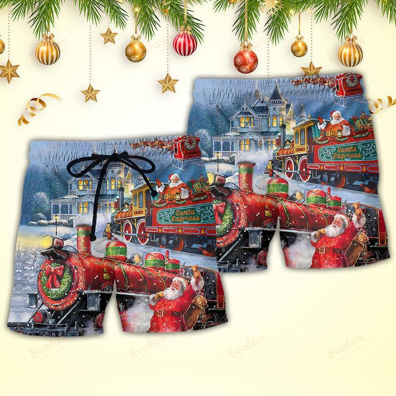 Christmas Santa Claus Train Gift For Xmas Painting Style Beach Short