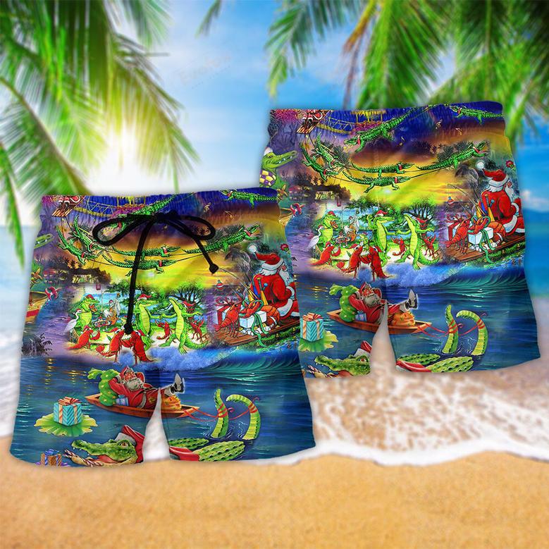 Christmas Santa Riding Alligator Beach Short