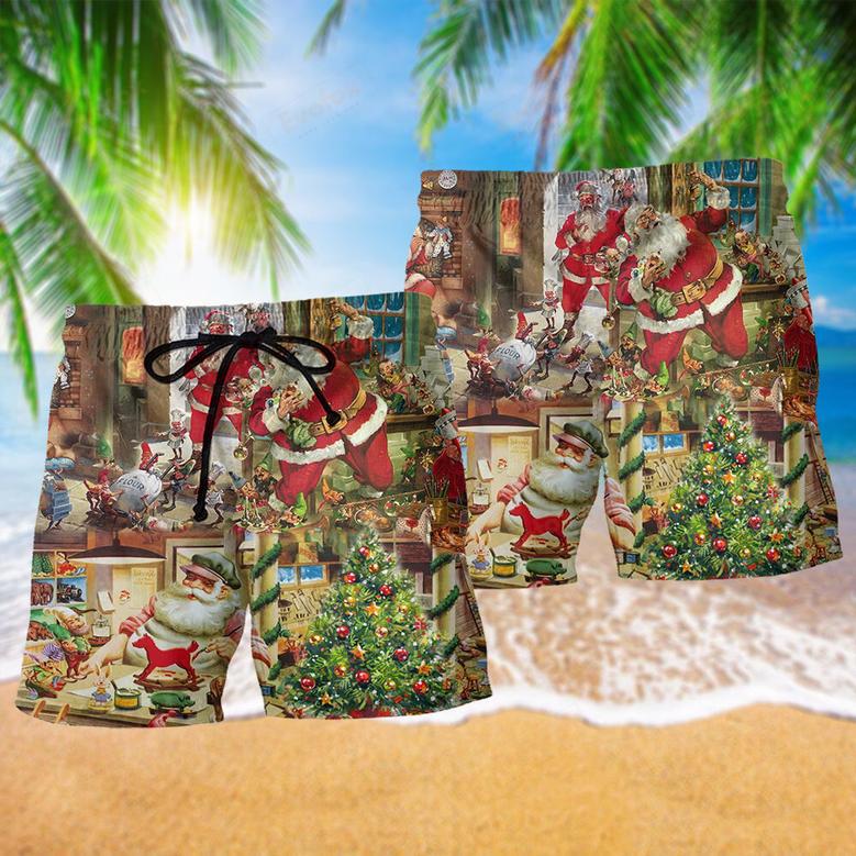 Christmas Santa's Toy Workshop Beach Short