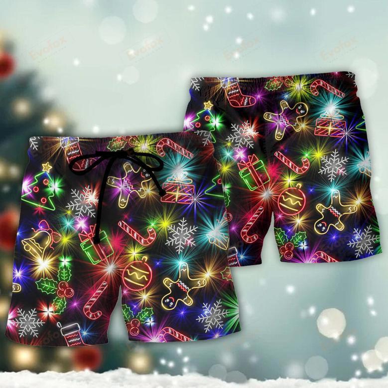 Christmas With Tree And Gift Cookies Gingerbread Man Neon Style Beach Short