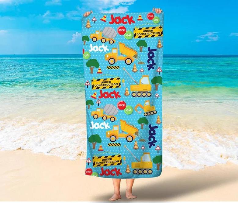 Construction Theme Personalized Beach Towels Kids Adults Unique Fun