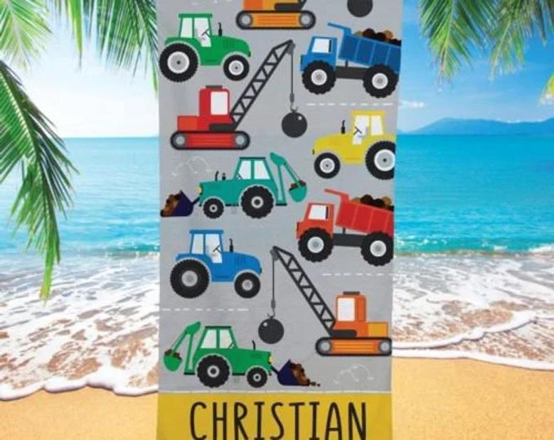 Construction Theme Personalized Beach Towels Kids Adults Unique Fun