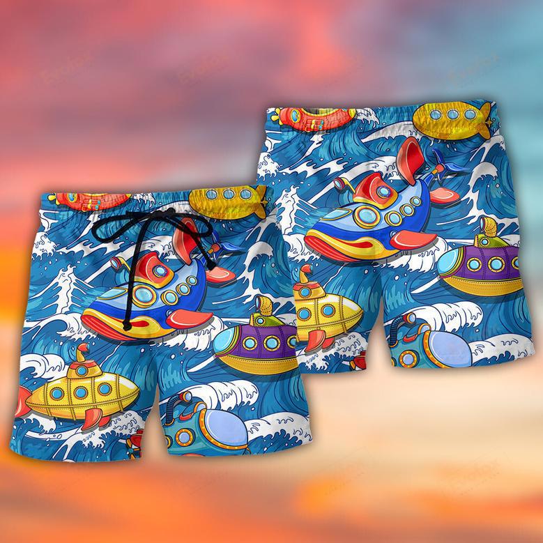 Diving Submarine Wave Art Style Beach Short