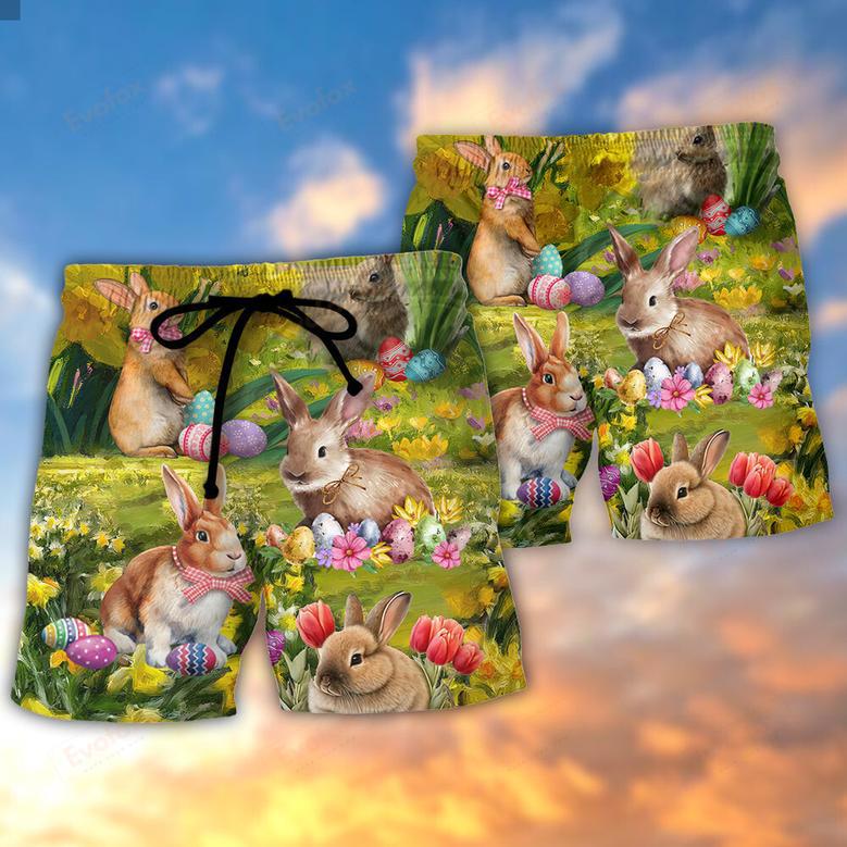 Easter Rabbit Chilling In The Flower Landscape Art Style Beach Short