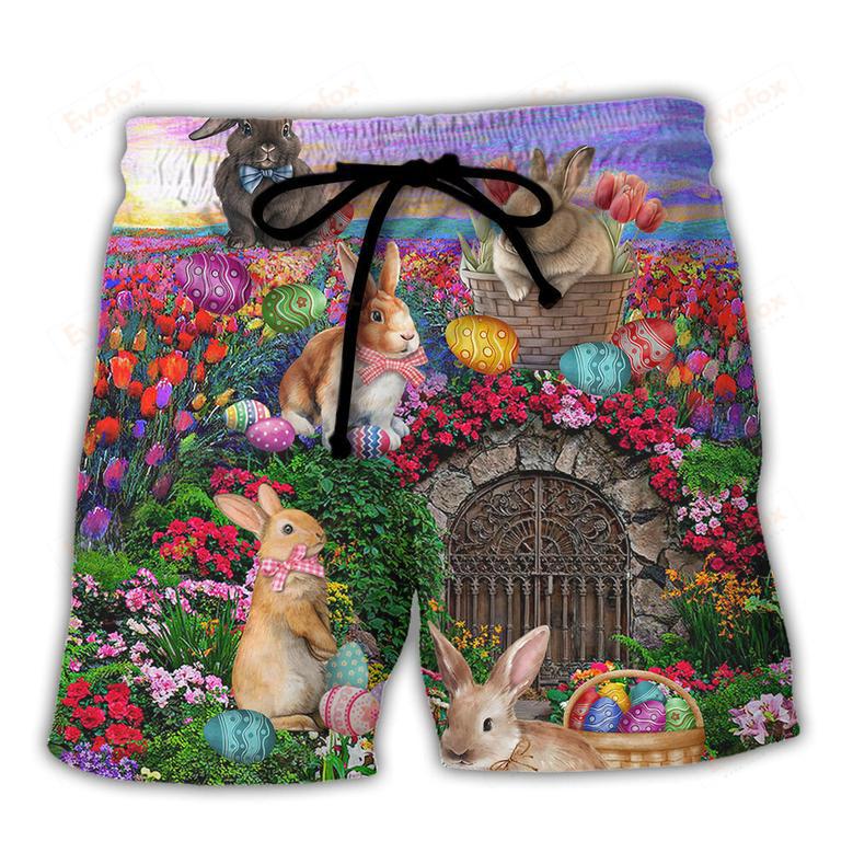 Easter Rabbit Chilling In The Flower Landscape Watercolor Style Beach Short