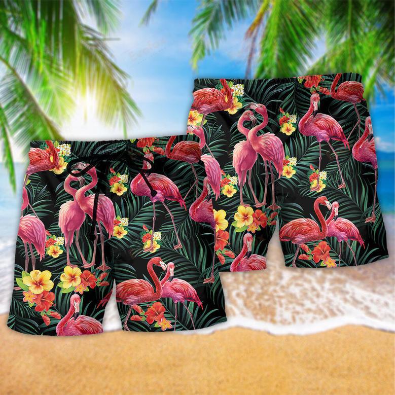 Flamingo Couple Love Flowers Beach Short