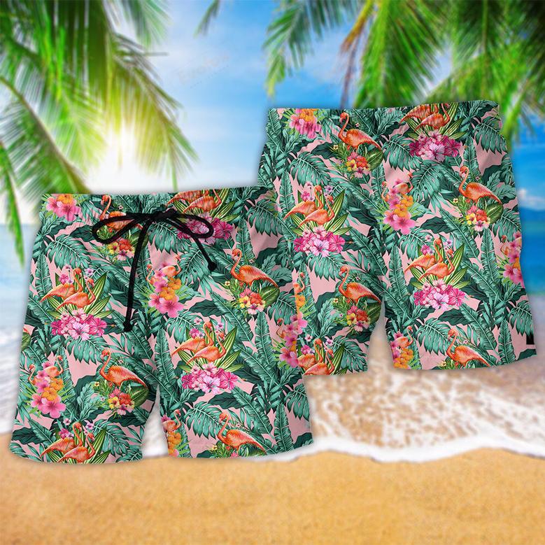 Flamingo Floral Tropical Leaf Beach Short