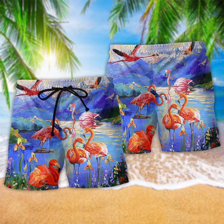 Flamingo Fly To Hawaii Floral Beach Short