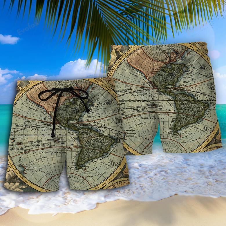 Geography World Map Vintage Beach Short