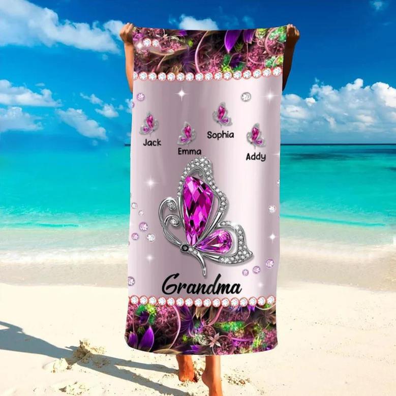 Glitter Butterfly Grandma Mom Kids Personalized Beach Towels Gift Idea