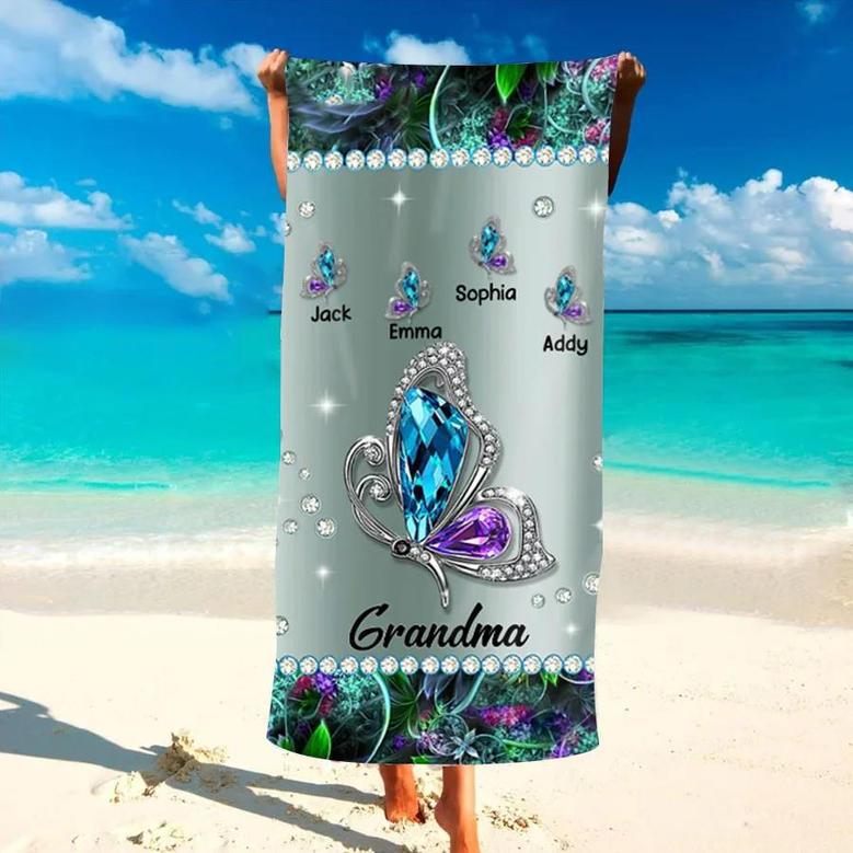 Glitter Butterfly Grandma Mom Kids Personalized Beach Towels Gift Idea