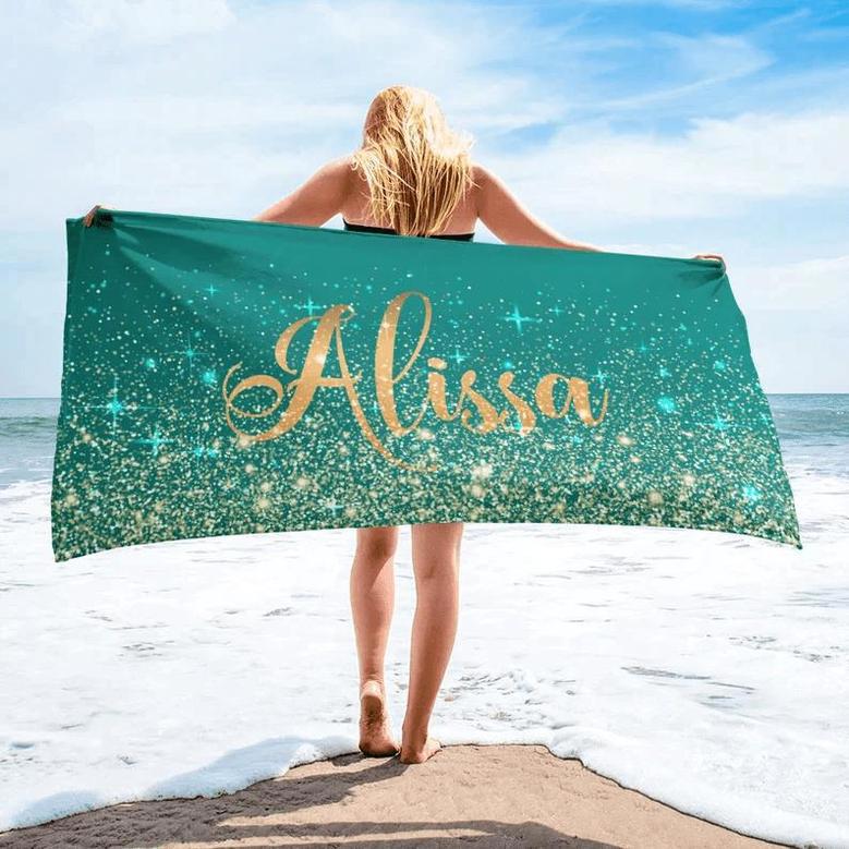 Gold Sparkle Personalized Beach Towels Name Gold Glitter Ideal Gift Her