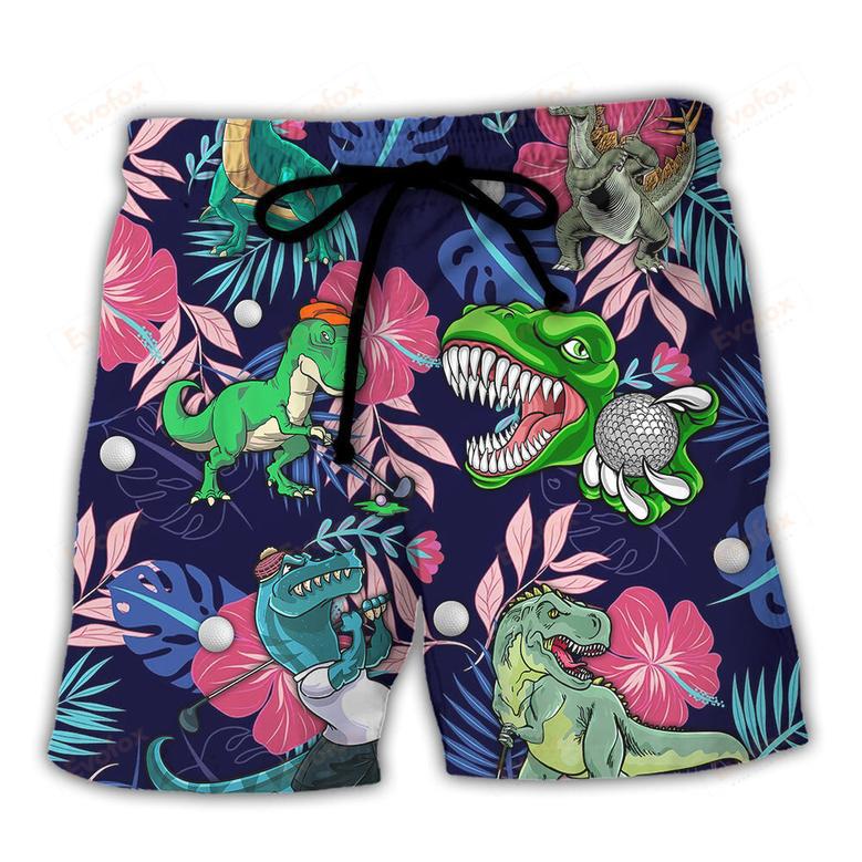 Golf Funny Dinosaur Playing Golf Back Nines Matter Tropical Golf Lover Beach Short