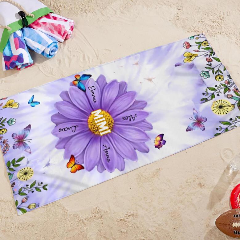 Grandma Flower Painting Grandkids Personalized Beach Towels Design