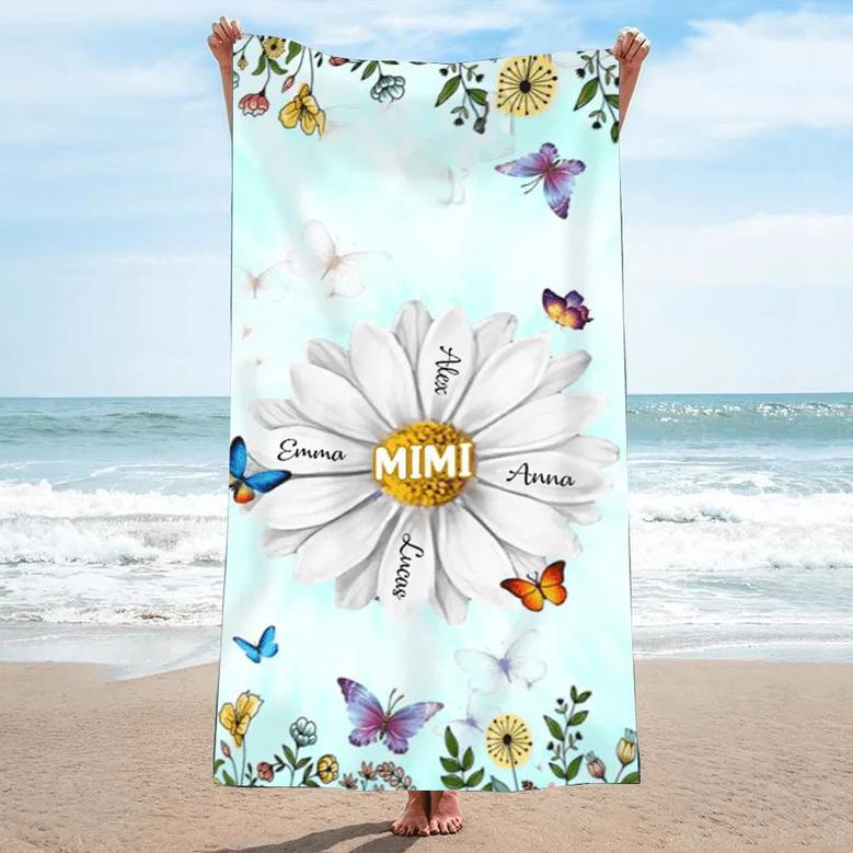 Grandma Flower Painting Grandkids Personalized Beach Towels Design