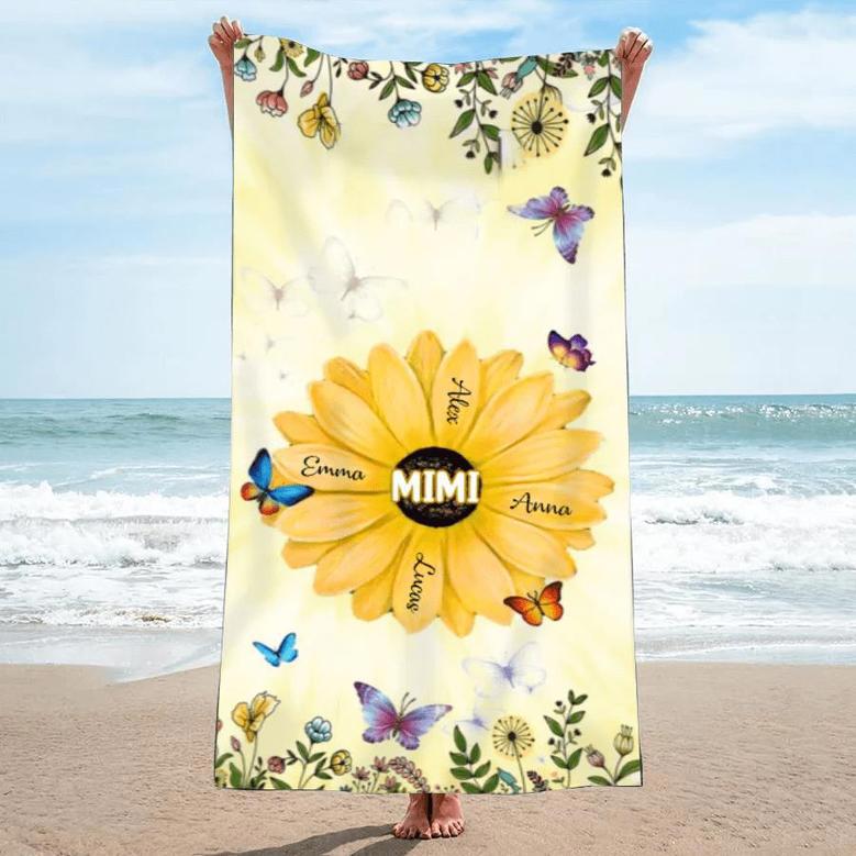 Grandma Flower Painting Grandkids Personalized Beach Towels Design