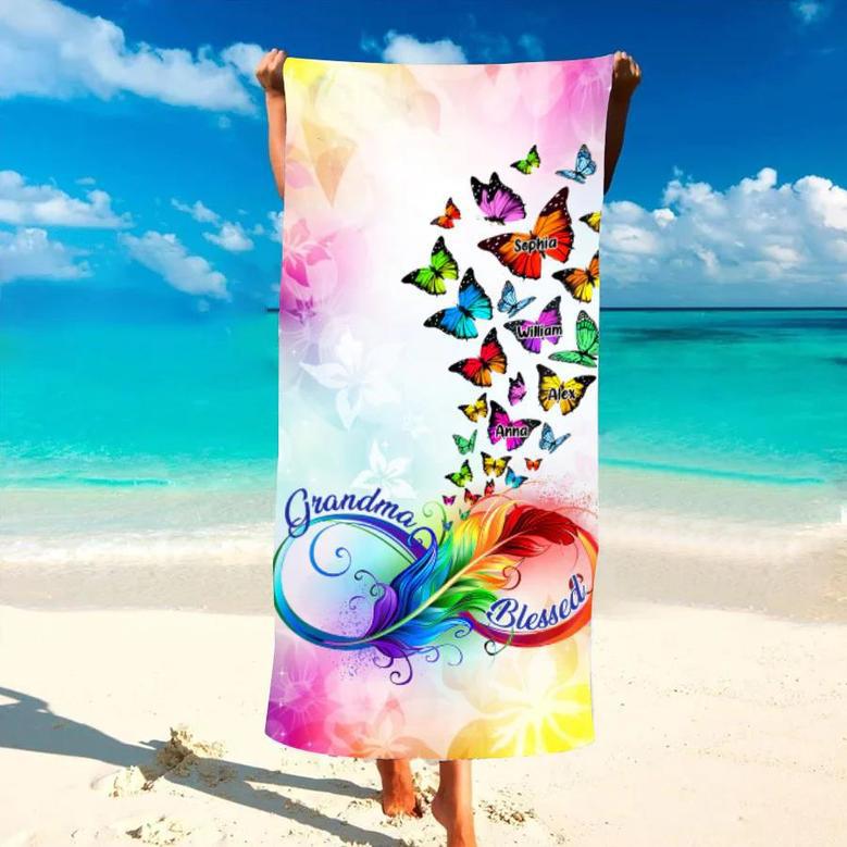 Grandma Grandkids Sunflower Tie Dye Hippie Personalized Beach Towels