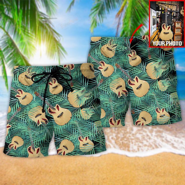 Guitar Tropical Leaf Green Custom Photo Beach Short