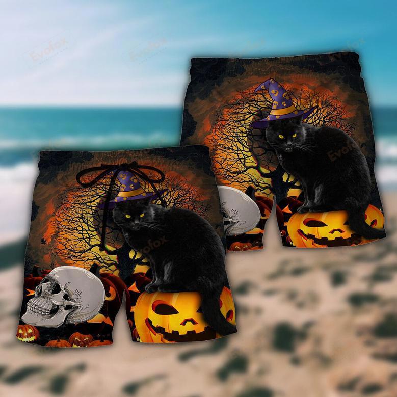 Halloween Black Cat Scary Pumpkin Beach Short