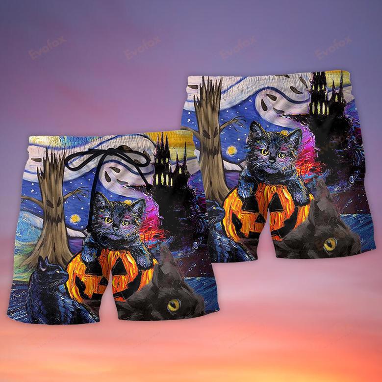 Halloween Black Cat Starry Night Funny Cat Painting Art Style Beach Short