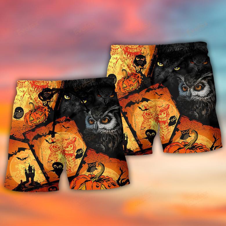 Halloween Owl Pumpkin Scary Beach Short