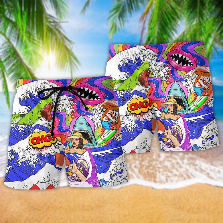 Hippie Shark And Girl Color Beach Short