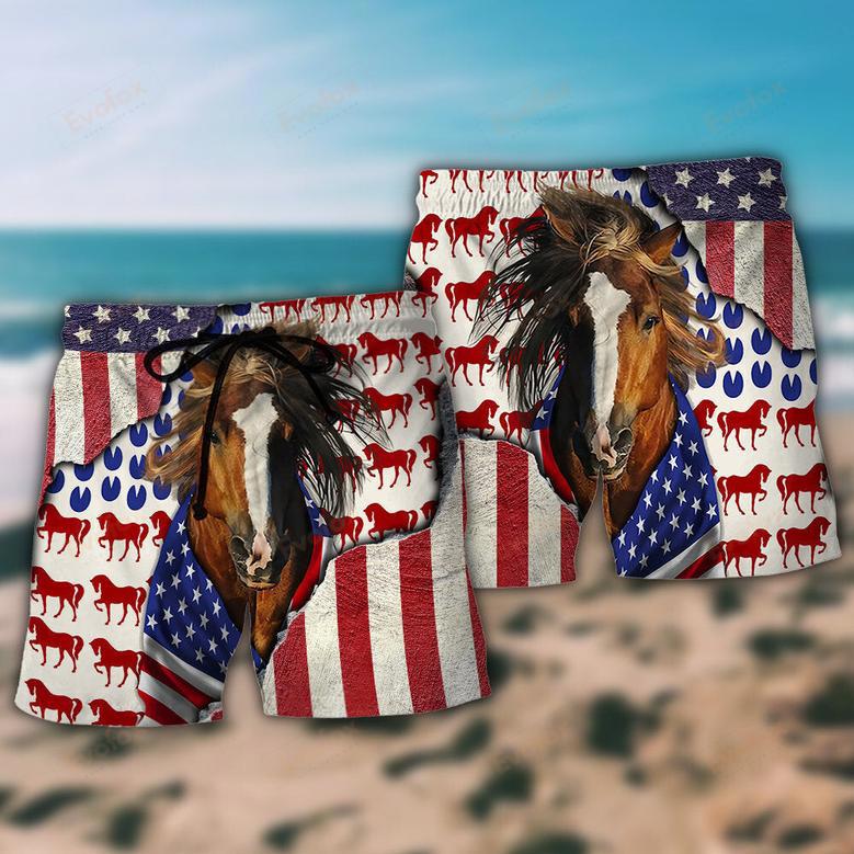 Horse Patriotic Horse American Flag Beach Short