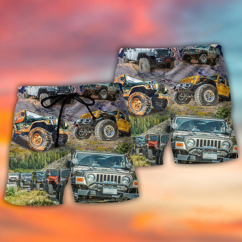 Jeep In The Moutain Sunset Vintage Art Style Beach Short