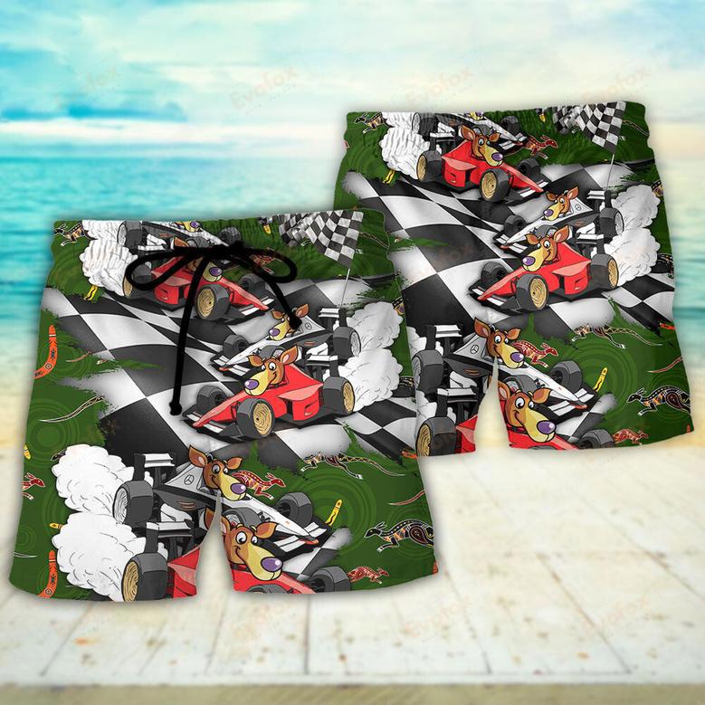 Kangraroo Racing Formula One Car Racing Australian Art Vibe Beach Short