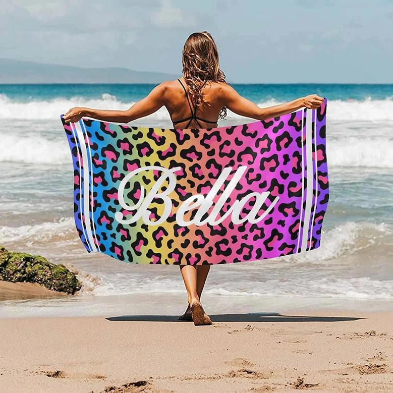 Leopard Name Personalized Beach Towels Kids Women Men Quick Dry