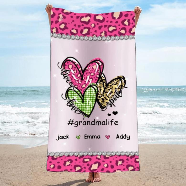 Live Love Spoil Grandma Leopard Heart Personalized Beach Towels