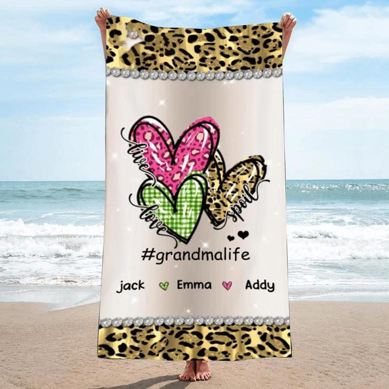 Live Love Spoil Grandma Leopard Heart Personalized Beach Towels