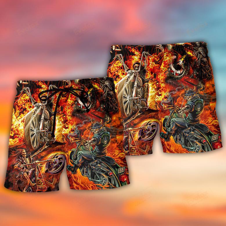 Motorcycle Lover Skull Fire Burning Art Style Beach Short