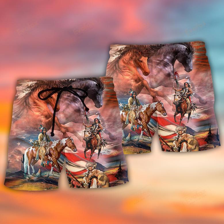 Native American Independence Day Horse American Flag Beach Short