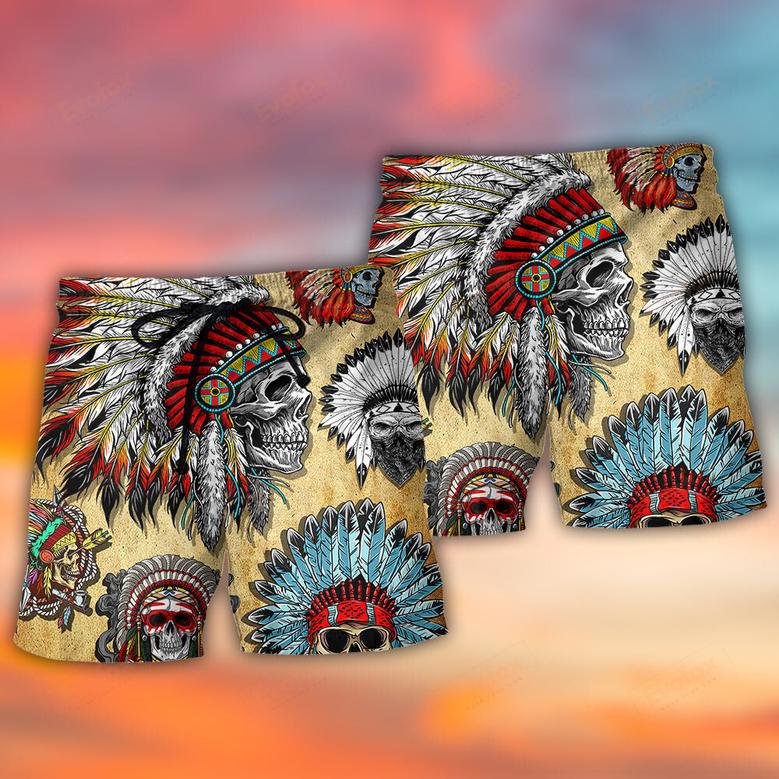 Native American Skull Vintage Art Style Beach Short