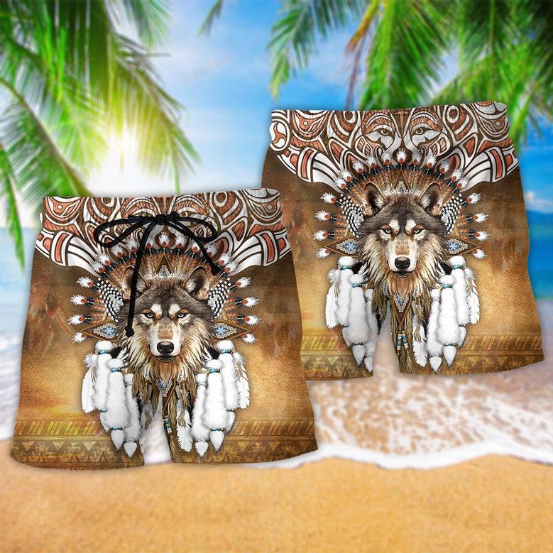 Native Wolf King Feather Style Beach Short