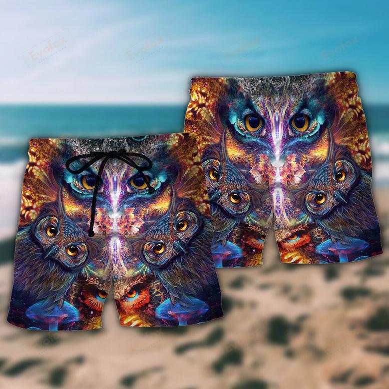 Owl Awesome Eyes Mysterious Beach Short