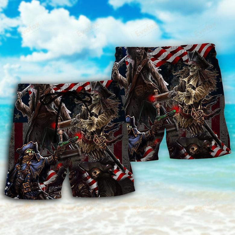 Pirate Skeleton USA Flag Independence Day Beach Short