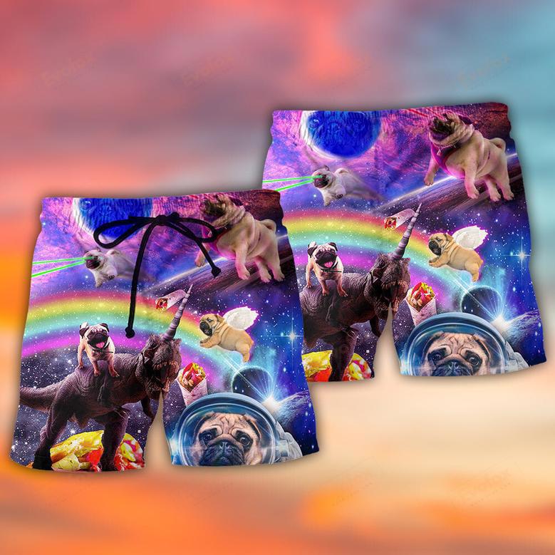 Pug Dog Galaxy Rainbow Star T-Rex Style Beach Short