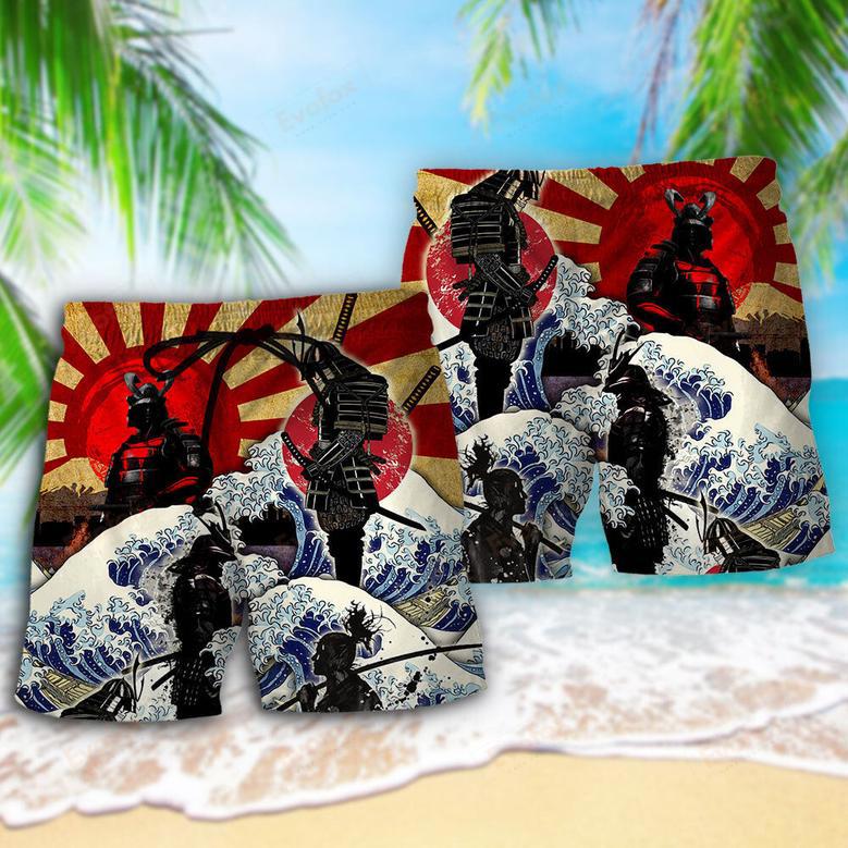 Samurai Red Sun And Wave Art Beach Short